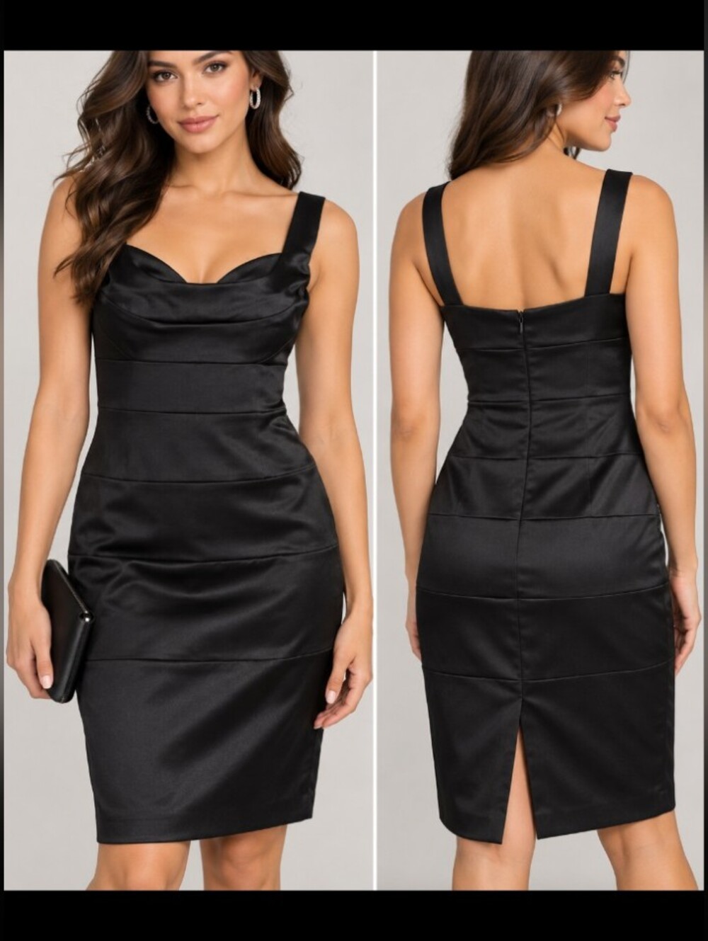 London times petite size 6 Women cocktail cowl neck, sheath  Black satin dress